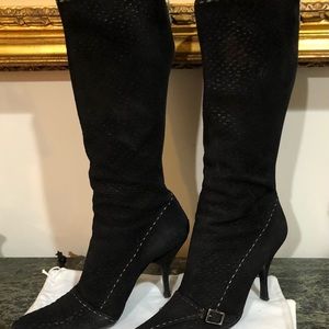 Prada Mid Calf Suede Boots w Back Zipper And Accent Stitching, Size 37.5